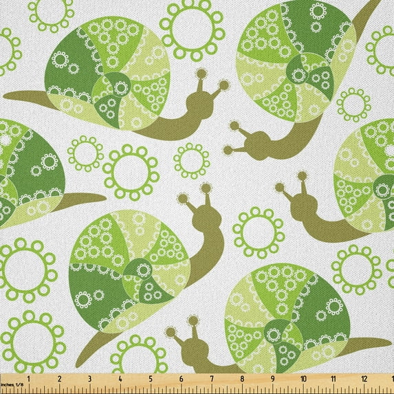 Ambesonne Snail Fabric by the Yard Microfiber, Shelled Organism Pattern, 5 Yards, Green Brown White Green