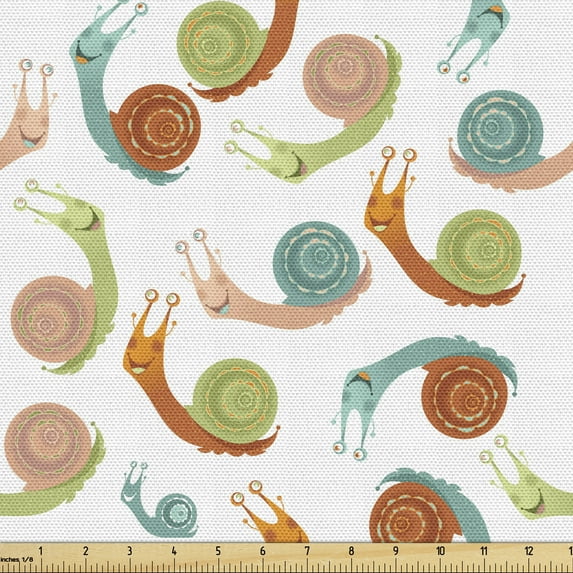 Ambesonne Snail Fabric by the Yard Upholstery, Colorful Cartoon Shell Insect, 10 Yards, White and Multicolor