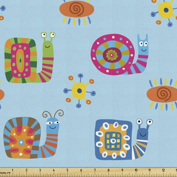 Ambesonne Snail Fabric by the Yard Upholstery, Sun and Flower Symbol Art, 1 Yard, Pale Blue Multicolor