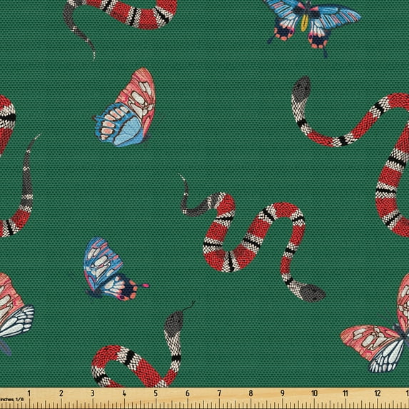 Ambesonne Snakeskin Print Fabric by the Yard Upholstery, Fly and Reptile, 1 Yard, Forest Green Multicolor
