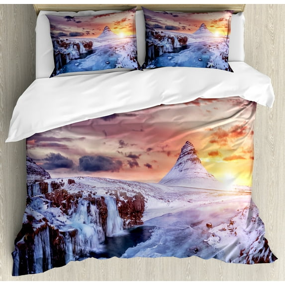 Ambesonne Snow Mountain Duvet Cover Set, Mount Kirkjufell Art, 2-Calking, Pale Mauve and Multicolor
