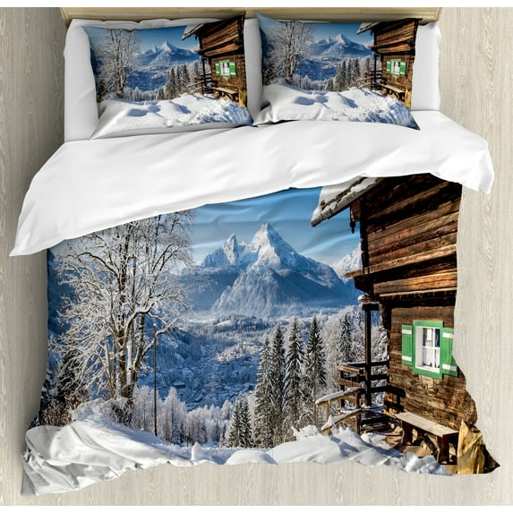 Ambesonne Snow Mountain Duvet Cover Sets, Wooden Chalet at Alps, 2-King, Cobalt Blue Multicolor