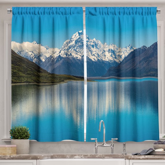 Ambesonne Snow Mountain Kitchen Curtains, Mount Cook Landscape, 55"x45", Azure Blue and Multicolor