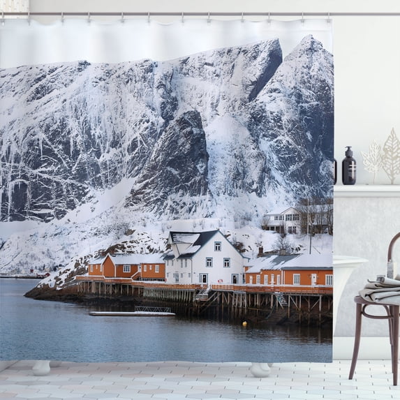 Ambesonne Snow Shower Curtain, Norwegian Rustic Houses Print, 69"Wx84"L, Purpleblue Cinnamon