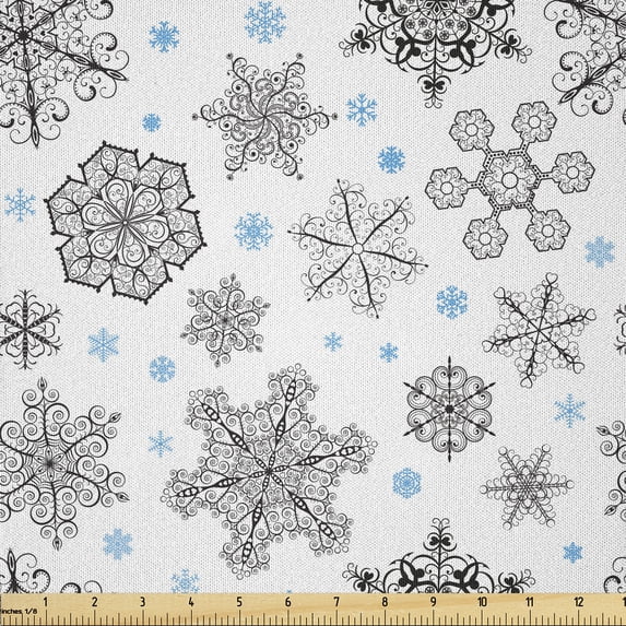 Ambesonne Snowflake Fabric by the Yard Microfiber, Lace Style Winter, 5 Yards, Blue Black White