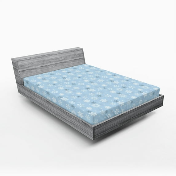 Ambesonne Snowflake Fitted Sheet 2 Pcs Set, Cold Weather Design, King, Pale Blue Taupe White