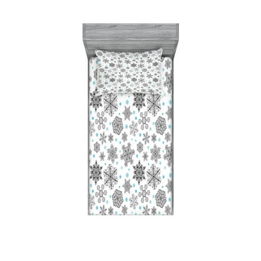 Ambesonne Snowflake Fitted Sheet & Pillow Sham Set, Lace Style Winter, Twin, Blue Black White