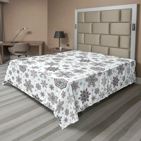 Ambesonne Snowflake Flat Sheet, Lace Style Winter, Queen Size, Blue Black White