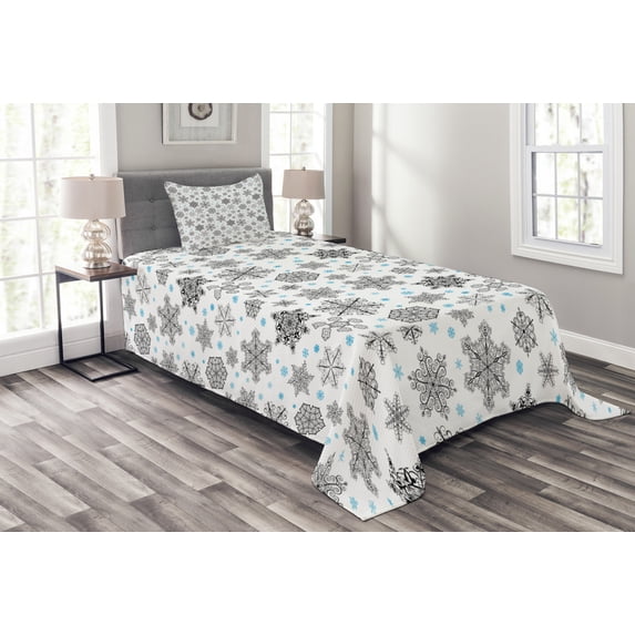 Ambesonne Snowflake Quilted Bedspread Set 2 Pcs, Lace Style Winter, Twin Size, Blue Black White