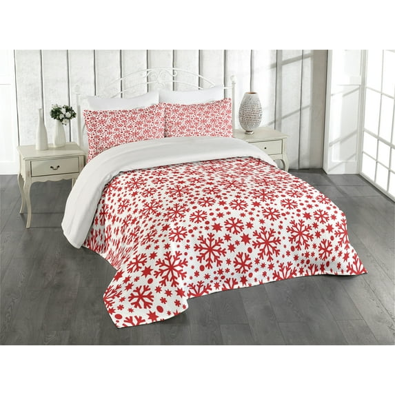 Ambesonne Snowflake Quilted Coverlet 3 Pcs, Star and Dot Pattern, King Size, Red White