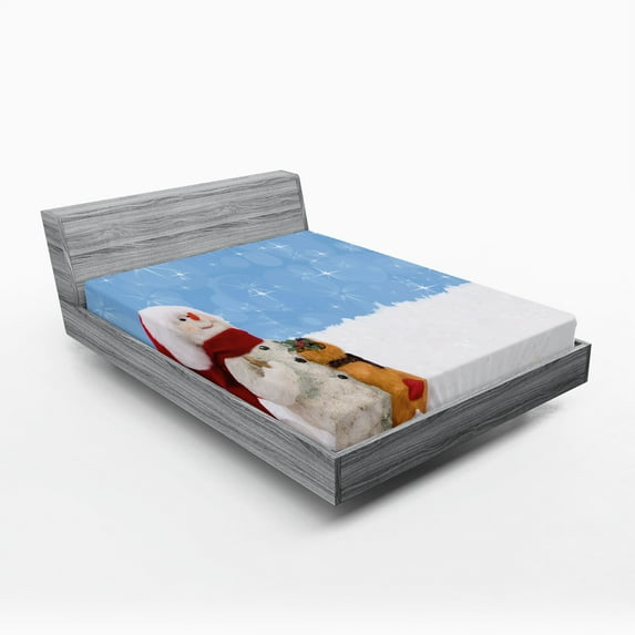 Ambesonne Snowman Fitted Sheet 2 Pcs Set, Winter Christmas Time, King, Multicolor