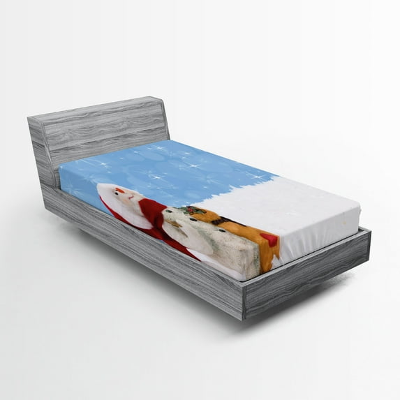 Ambesonne Snowman Fitted Sheet 2 Pcs Set, Winter Christmas Time, Twin, Multicolor