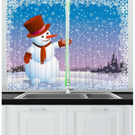 Ambesonne Snowman Kitchen Curtains, Happy Cartoon Snowfall, 55"x39", Multicolor