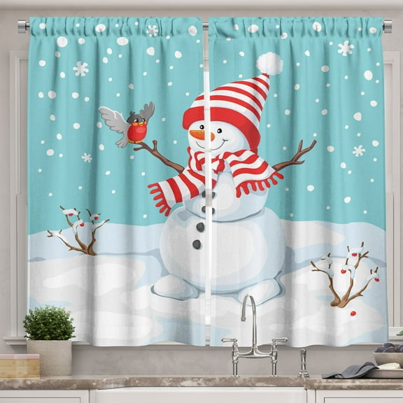 Ambesonne Snowman Kitchen Curtains, Happy Christmas Pattern, 55"x24", Multicolor