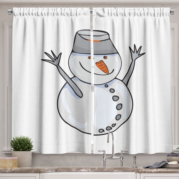 Ambesonne Snowman Kitchen Curtains, Happy Snow Character Print, 55"x36", Pale Grey White Orange