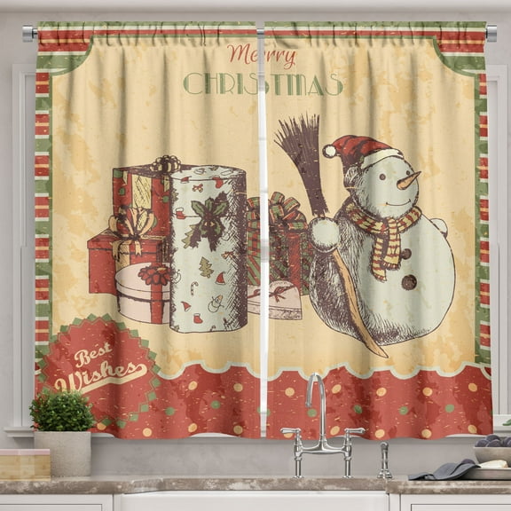 Ambesonne Snowman Kitchen Curtains, Merry Christmas Best Wishes, 55"x30", Multicolor