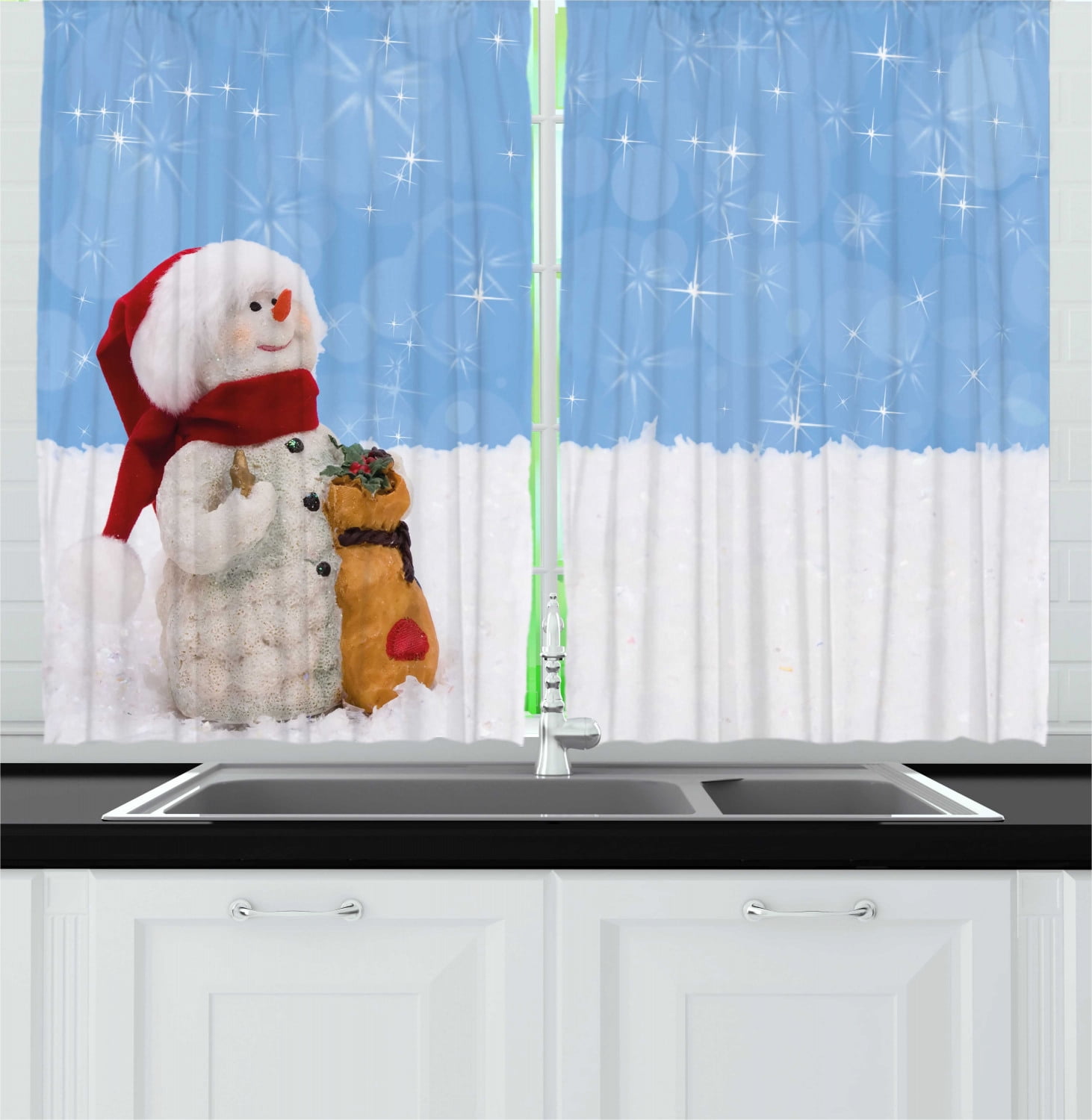 Ambesonne Snowman Kitchen Curtains, Winter Christmas Time, 55"x39", Multicolor