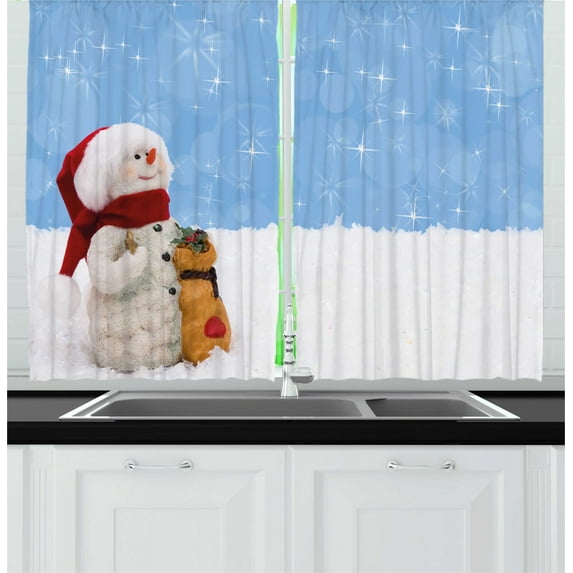Ambesonne Snowman Kitchen Curtains, Winter Christmas Time, 55"x39", Multicolor