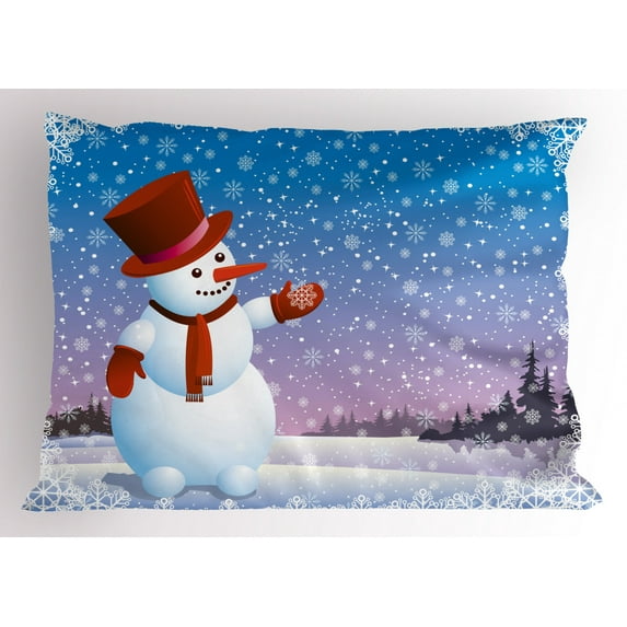 Ambesonne Snowman Pillow Sham, Happy Cartoon Snowfall, 26" X 20", Multicolor