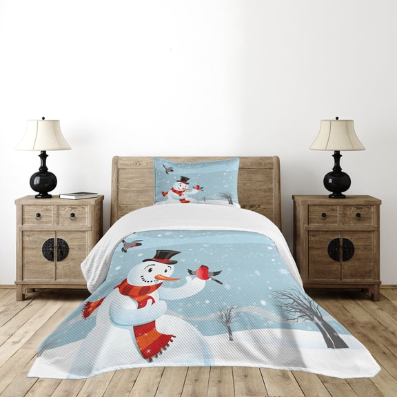 Ambesonne Snowman Quilted Bedspread Set 2 Pcs, New Year's Eve Birds, Twin Size, Multicolor
