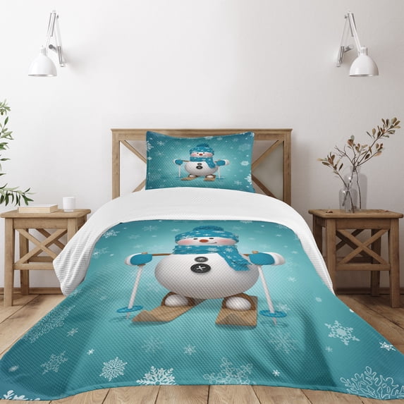Ambesonne Snowman Quilted Bedspread Set 2 Pcs, Skiing Snowflakes Fun, Twin Size, Pale Brown Turquoise