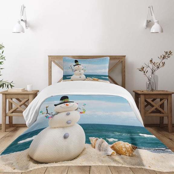 Ambesonne Snowman Quilted Bedspread Set 2 Pcs, Winter Vacation Coastal, Twin Size, Multicolor