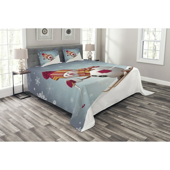 Ambesonne Snowman Quilted Bedspread Set 3 Pcs, Skiing 3D Style Winter, King Size, Multicolor