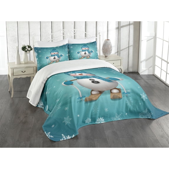 Ambesonne Snowman Quilted Bedspread Set 3 Pcs, Skiing Snowflakes Fun, Queen Size, Pale Brown Turquoise