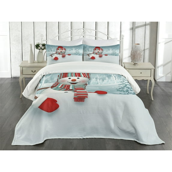 Ambesonne Snowman Quilted Bedspread Set 3 Pcs, Smiling 3D Mascot Trees, Queen Size, Multicolor