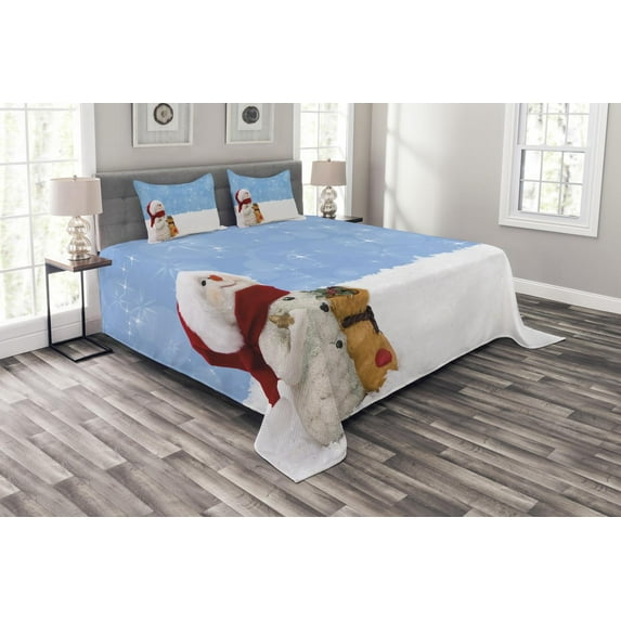 Ambesonne Snowman Quilted Bedspread Set 3 Pcs, Winter Christmas Time, Queen Size, Multicolor