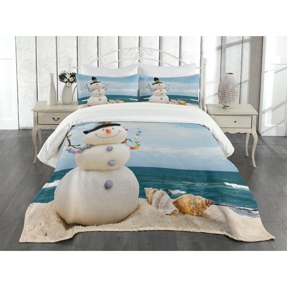 Ambesonne Snowman Quilted Bedspread Set 3 Pcs, Winter Vacation Coastal, King Size, Multicolor