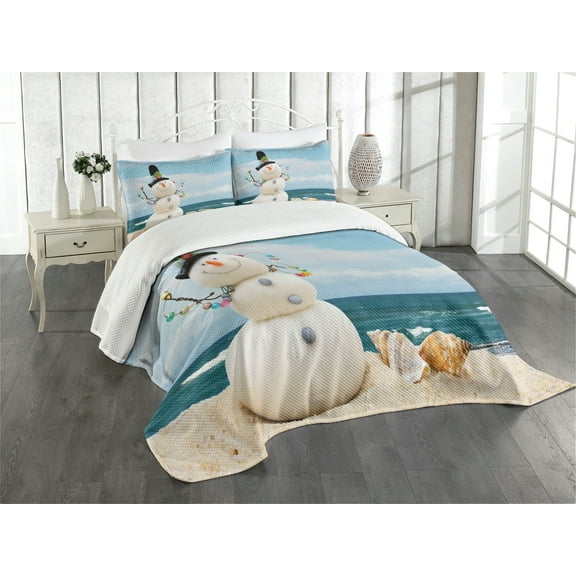 Ambesonne Snowman Quilted Bedspread Set 3 Pcs, Winter Vacation Coastal, Queen Size, Multicolor