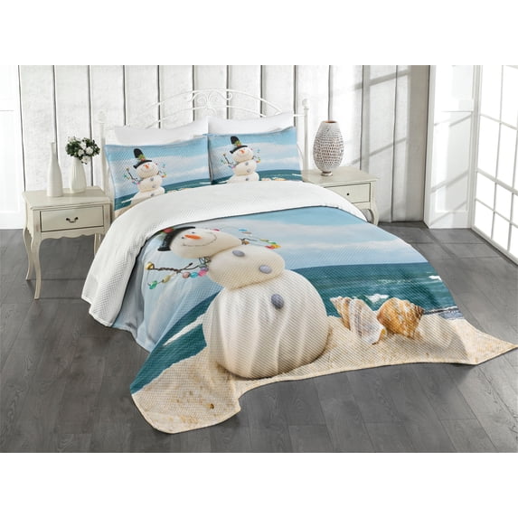 Ambesonne Snowman Quilted Bedspread Set 3 Pcs, Winter Vacation Coastal, Queen Size, Multicolor