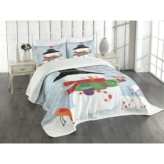 Ambesonne Snowman Quilted Bedspread Set 3 Pcs, Xmas New Year Grunge, King Size, Multicolor