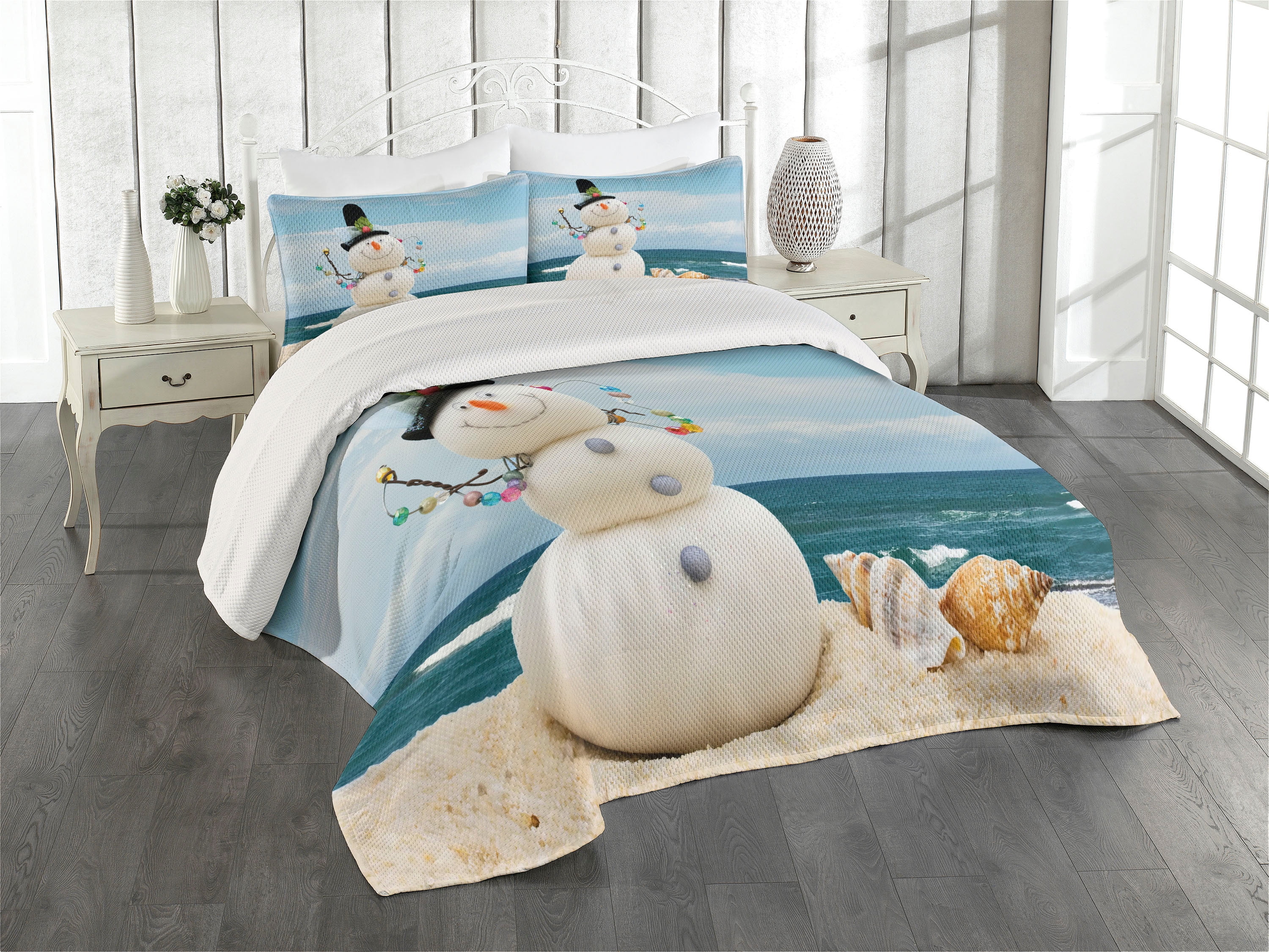 Twin White Quilted Snowman Bedspread Set for Kids