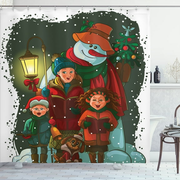 Ambesonne Snowman Shower Curtain, Christmas Carolers Singing, 69"Wx75"L, Multicolor