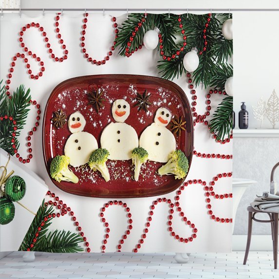 Ambesonne Snowman Shower Curtain, Noel Mozarella Plate Photo, 69"Wx70"L, Emerald White and Ruby