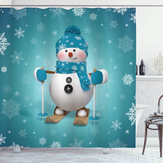 Ambesonne Snowman Shower Curtain, Skiing Snowflakes Fun, 69"Wx84"L, Pale Brown Turquoise