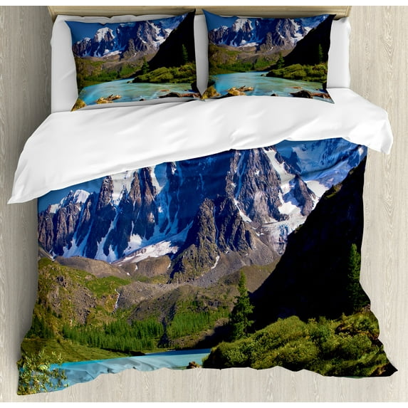 Ambesonne Snowy Duvet Cover Sets, Mountain River Clouds, 2-King, White Green Grey