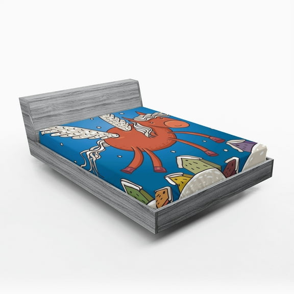 Ambesonne Snowy Fitted Sheet, Horse Wings on Building, Queen Size, Dark Orange and Blue