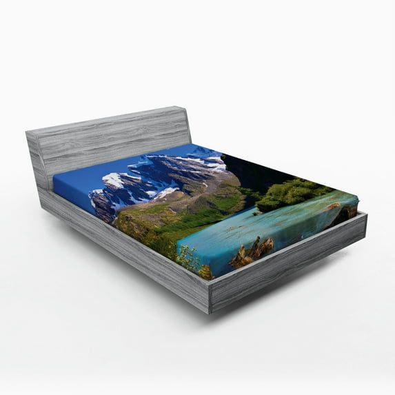 Ambesonne Snowy Fitted Sheet, Mountain River Clouds, Queen Size, White Green Grey