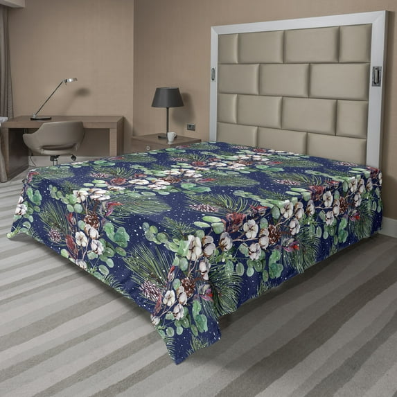 Ambesonne Snowy Flat Bedding Sheet Soft Top Sheet, Winter Theme Branches Art, Queen, Laurel Green and Night Blue