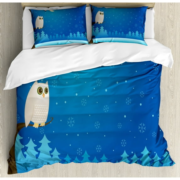 Ambesonne Snowy Trees Duvet Cover Set, Owl on Tree Branch Art, 2-Calking, Sky Blue Sea Blue