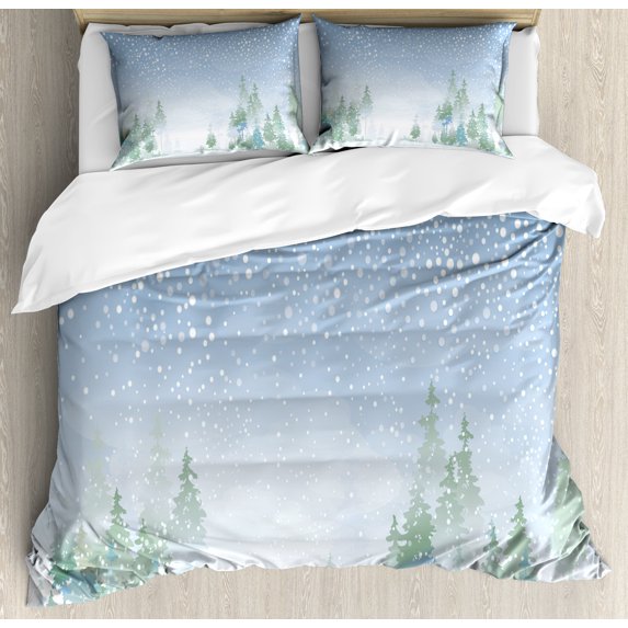 Ambesonne Snowy Trees Duvet Cover Sets, Misty Outdoor Scene, 2-King, Pale Sky Blue Pale Green