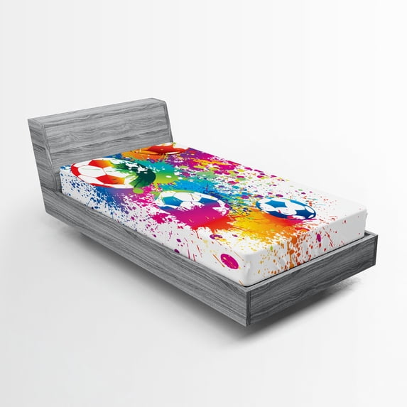 Ambesonne Soccer Fitted Sheet, Colorful Splashes Balls, Twin XL Size, Multicolor