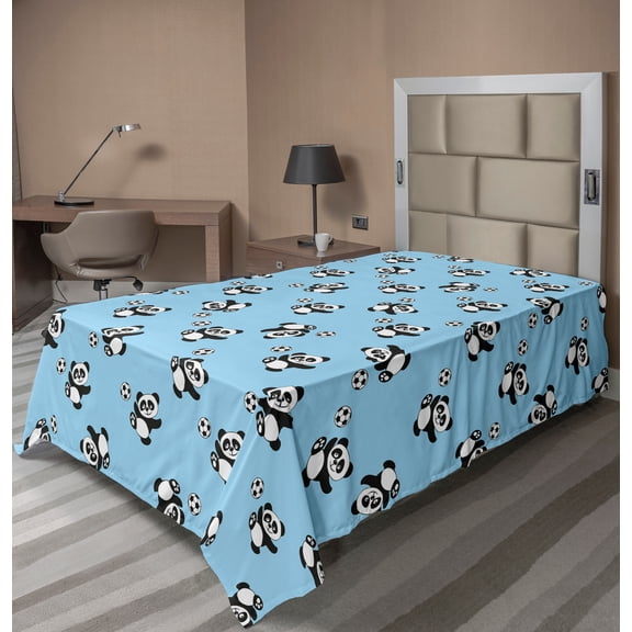 Ambesonne Soccer Flat Sheet, Panda Kicking Ball, TwinXL Size, Pale Blue Black White