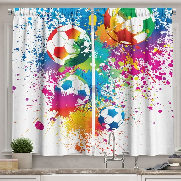 Ambesonne Soccer Kitchen Curtains, Colorful Splashes Balls, 55"x39", Multicolor