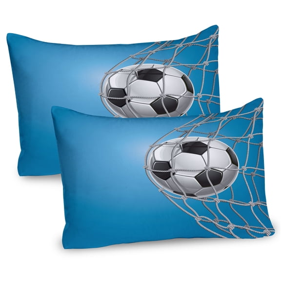 Ambesonne Soccer Pillow Sham 2 Pack, Goal Ball in the Net, 30"x20", Blue Pale Grey Black