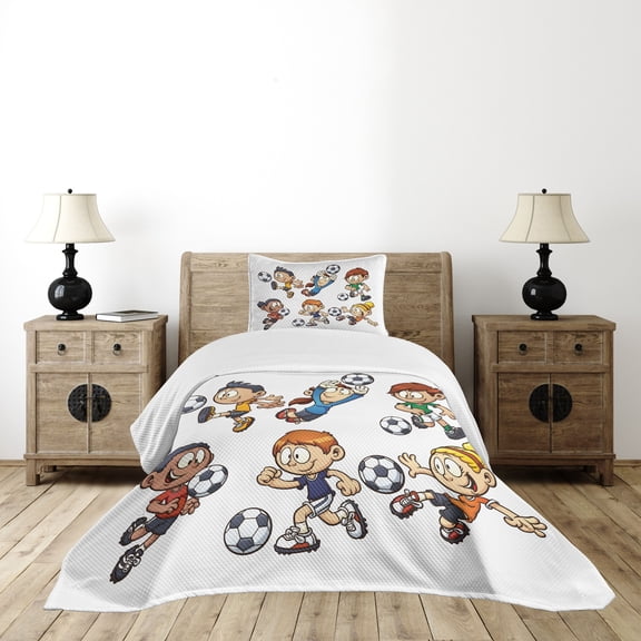 Ambesonne Soccer Quilted Bedspread Set 2 Pcs, Cartoon Playing, Twin Size, Multicolor