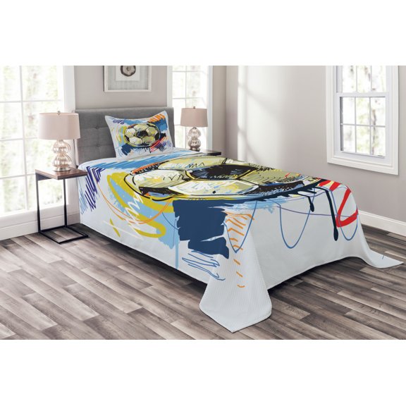 Ambesonne Soccer Quilted Bedspread Set 2 Pcs, Colorful Detailed, Twin Size, Multicolor